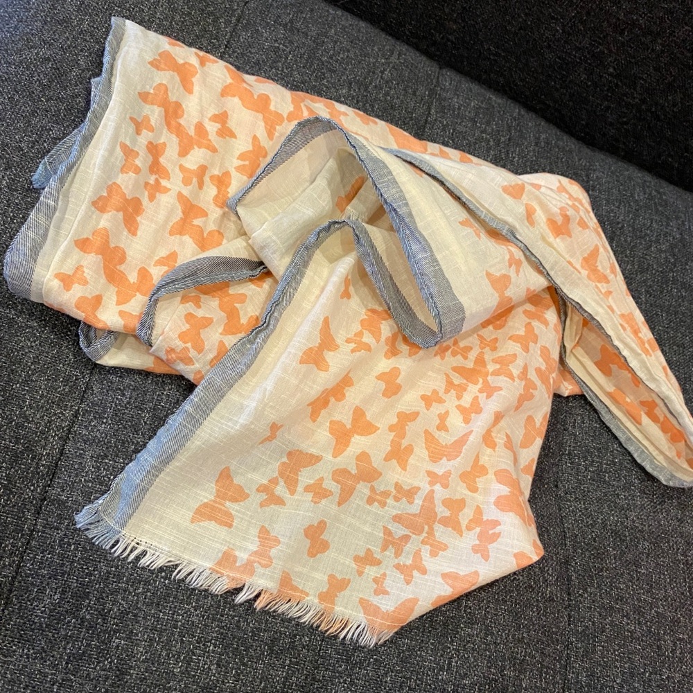 Butterfly scarf or wrap, peach and denim blue